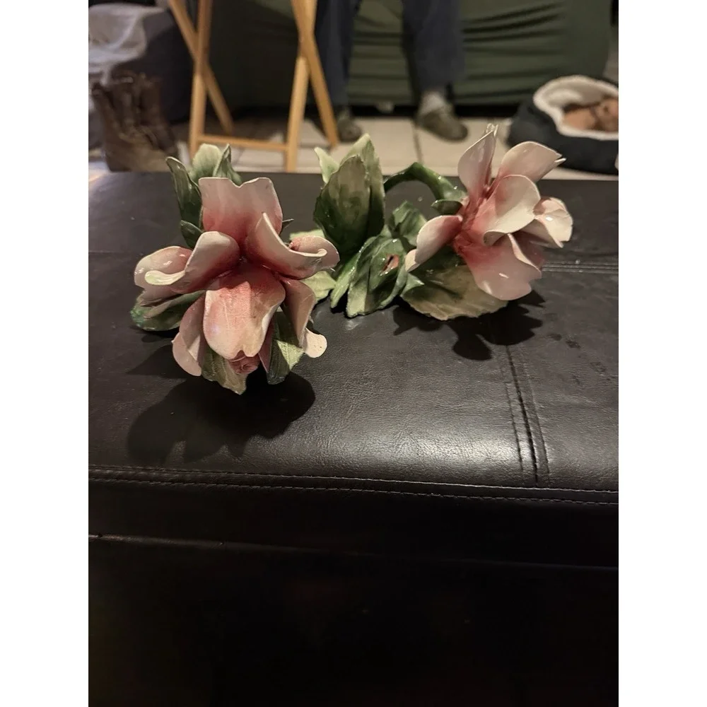 Vintage Pair (2)  Capodimonte Rose Flower Porcelain Candle Holders